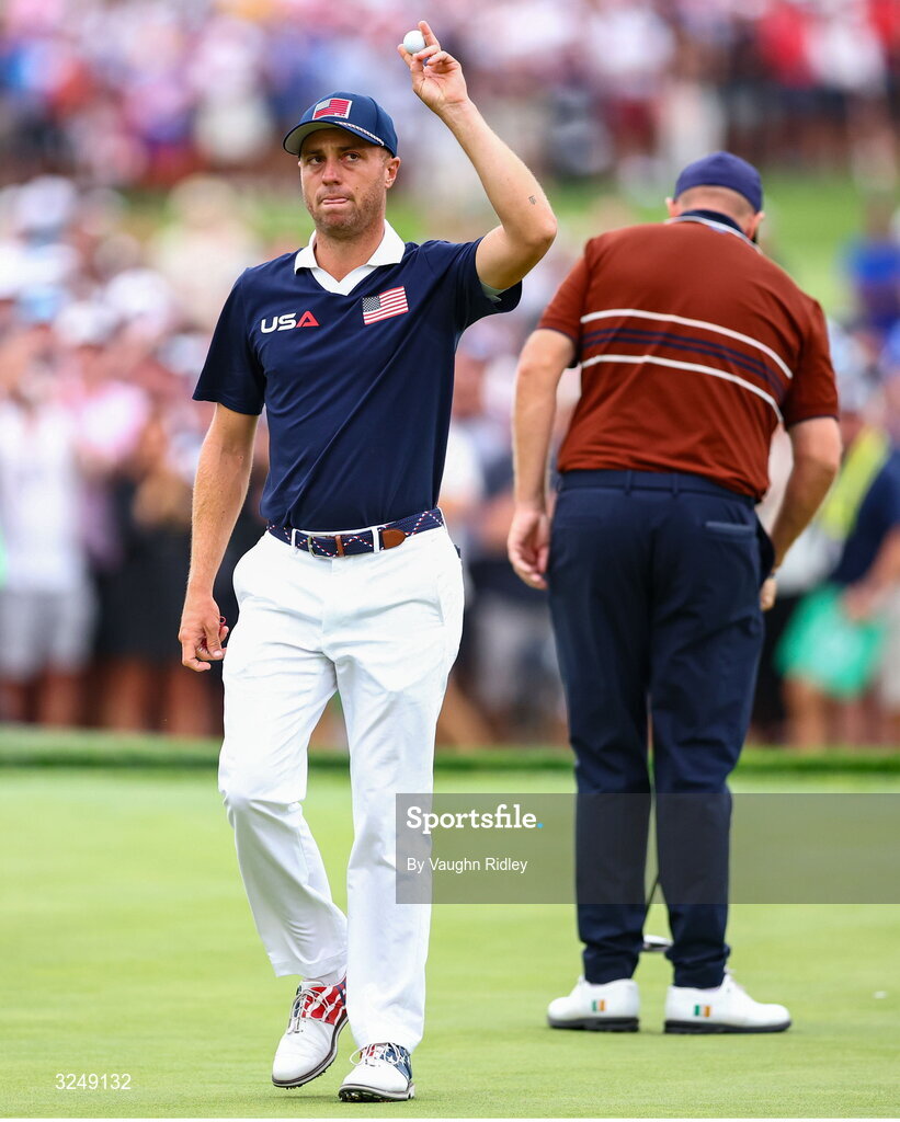 27 September 2025; Justin Thomas of USA celebrates after putting on the 17th green during the afternoon fourballs on day two of the 2025 Ryder Cup at Black Course at Bethpage State Park Golf Course in Farmingdale, New York, USA. Photo by Vaughn Ridley/Sportsfile