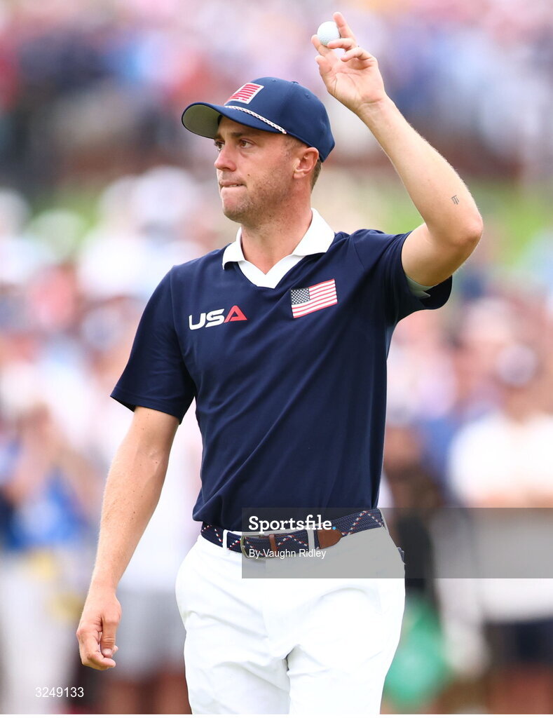 27 September 2025; Justin Thomas of USA celebrates after putting on the 17th green during the afternoon fourballs on day two of the 2025 Ryder Cup at Black Course at Bethpage State Park Golf Course in Farmingdale, New York, USA. Photo by Vaughn Ridley/Sportsfile