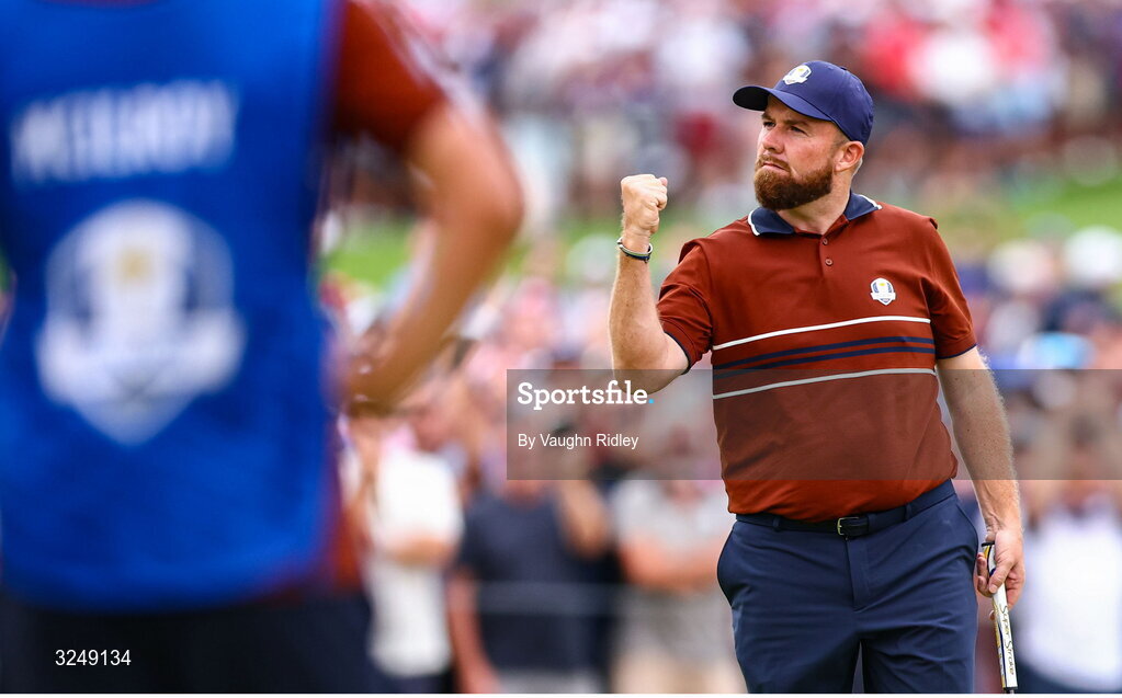 27 September 2025; Shane Lowry of Europe celebrates on the 17th green during the afternoon fourballs on day two of the 2025 Ryder Cup at Black Course at Bethpage State Park Golf Course in Farmingdale, New York, USA. Photo by Vaughn Ridley/Sportsfile