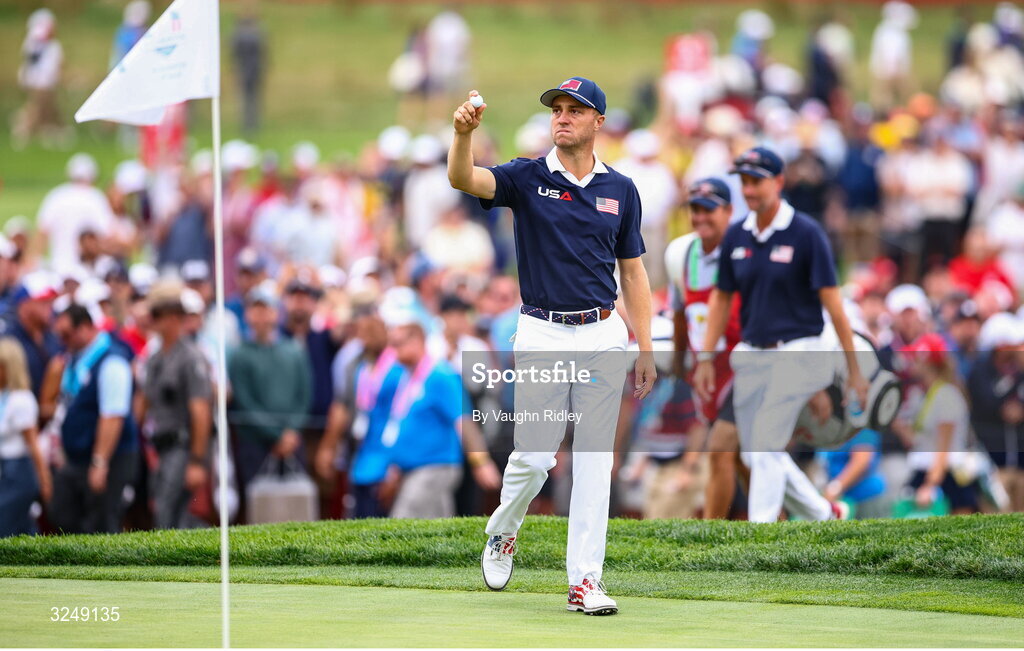 27 September 2025; Justin Thomas of USA celebrates after putting on the 17th green during the afternoon fourballs on day two of the 2025 Ryder Cup at Black Course at Bethpage State Park Golf Course in Farmingdale, New York, USA. Photo by Vaughn Ridley/Sportsfile