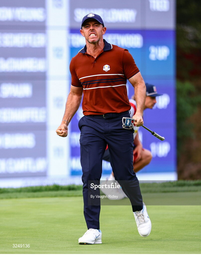 27 September 2025; Rory McIlroy of Europe celebrates after putting on the 14th green during the afternoon fourballs on day two of the 2025 Ryder Cup at Black Course at Bethpage State Park Golf Course in Farmingdale, New York, USA. Photo by Vaughn Ridley/Sportsfile