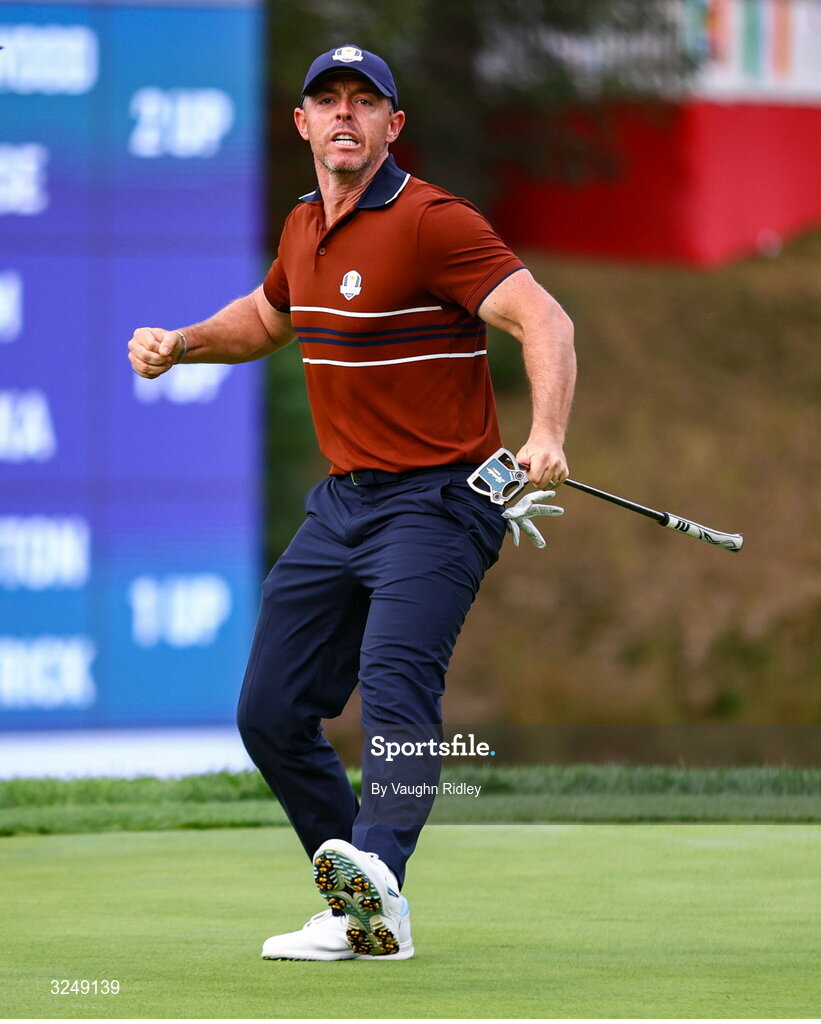 27 September 2025; Rory McIlroy of Europe celebrates after putting on the 14th green during the afternoon fourballs on day two of the 2025 Ryder Cup at Black Course at Bethpage State Park Golf Course in Farmingdale, New York, USA. Photo by Vaughn Ridley/Sportsfile