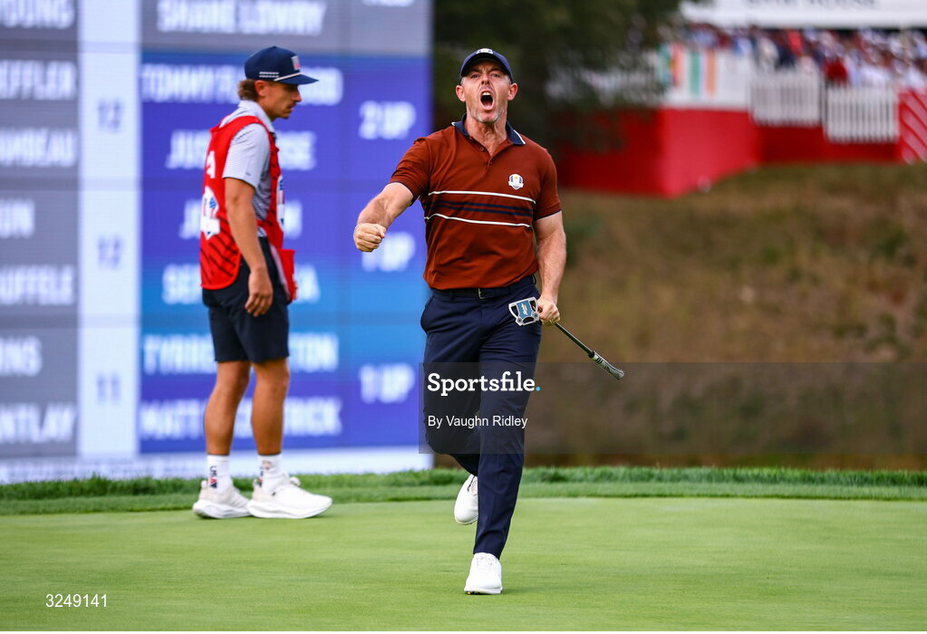 27 September 2025; Rory McIlroy of Europe celebrates after putting on the 14th green during the afternoon fourballs on day two of the 2025 Ryder Cup at Black Course at Bethpage State Park Golf Course in Farmingdale, New York, USA. Photo by Vaughn Ridley/Sportsfile