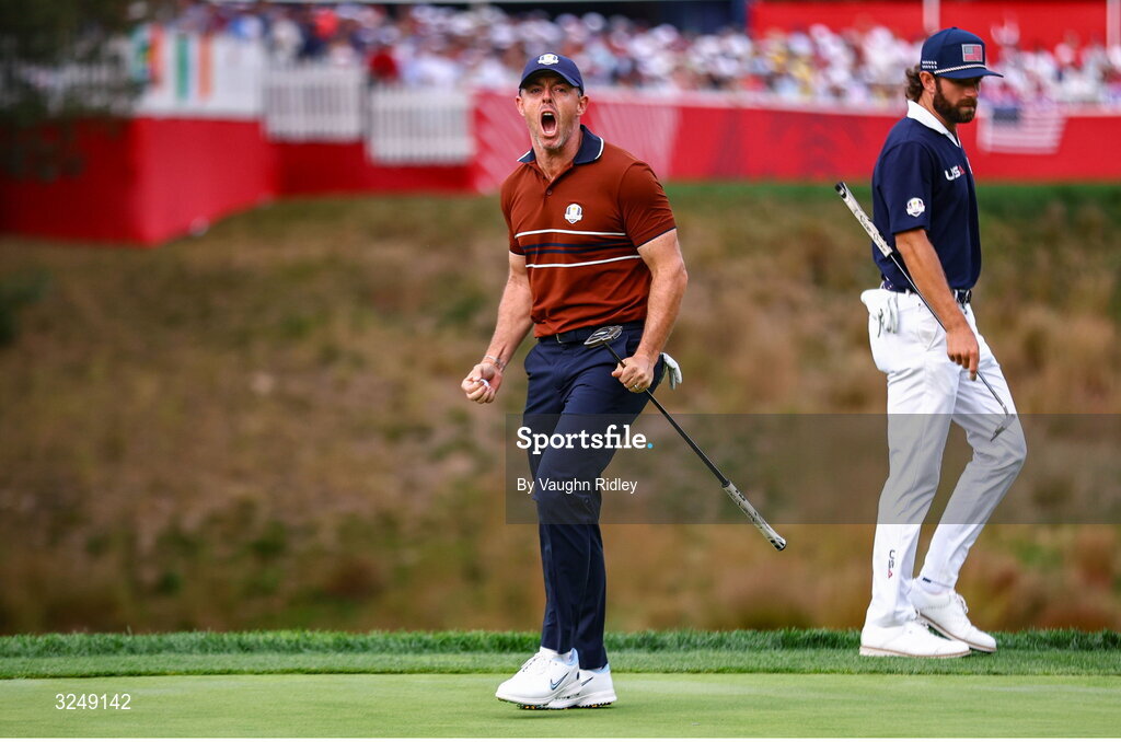 27 September 2025; Rory McIlroy of Europe celebrates after putting on the 14th green during the afternoon fourballs on day two of the 2025 Ryder Cup at Black Course at Bethpage State Park Golf Course in Farmingdale, New York, USA. Photo by Vaughn Ridley/Sportsfile
