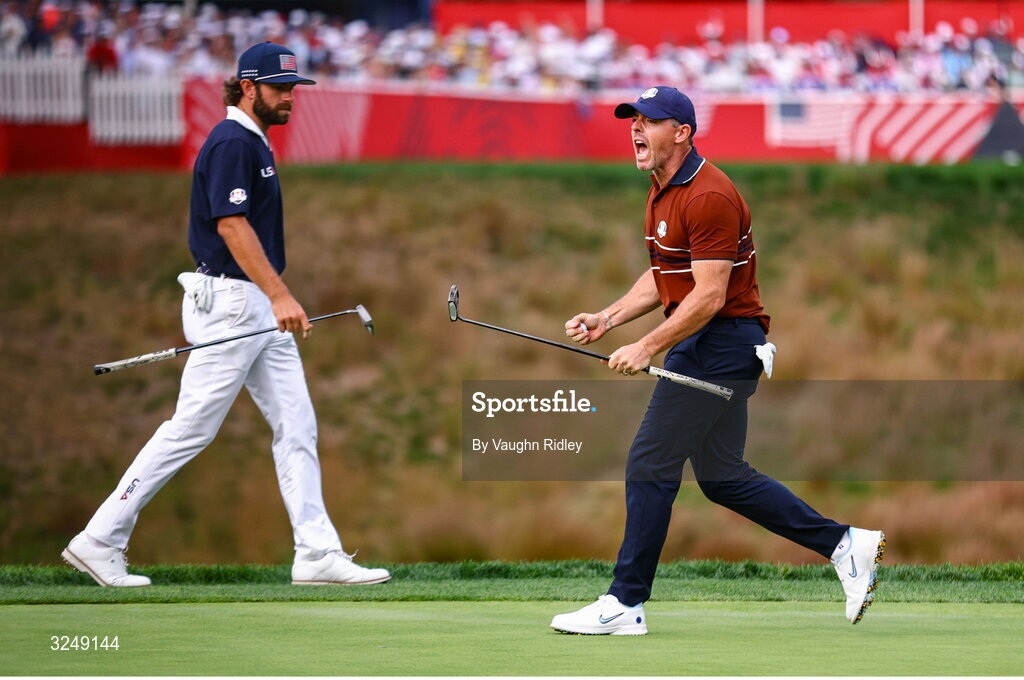 27 September 2025; Rory McIlroy of Europe celebrates after putting on the 14th green during the afternoon fourballs on day two of the 2025 Ryder Cup at Black Course at Bethpage State Park Golf Course in Farmingdale, New York, USA. Photo by Vaughn Ridley/Sportsfile