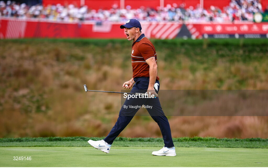 27 September 2025; Rory McIlroy of Europe celebrates after putting on the 14th green during the afternoon fourballs on day two of the 2025 Ryder Cup at Black Course at Bethpage State Park Golf Course in Farmingdale, New York, USA. Photo by Vaughn Ridley/Sportsfile