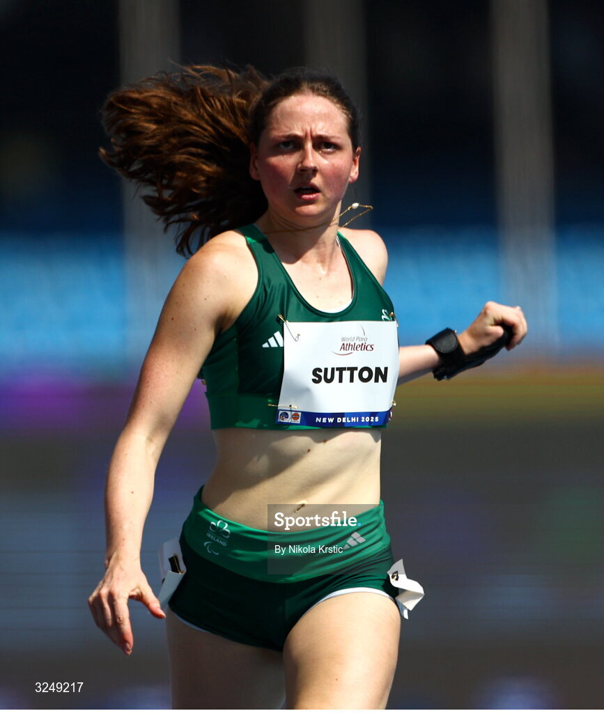 28 September 2025; Lana Sutton of team Ireland competes in the heats of the Women's 100m T38 during day three of the New Delhi 2025 World Para Athletics Championships at JLN Stadium in New Delhi, India. Photo by Nikola Krstic/Sportsfile
