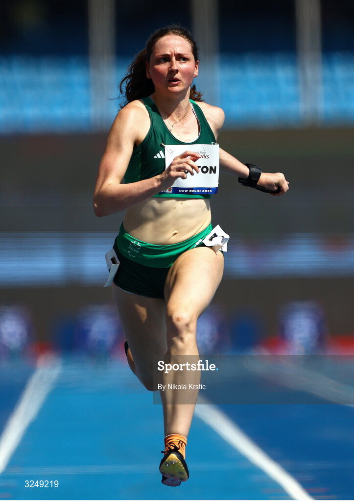 28 September 2025; Lana Sutton of team Ireland competes in the heats of the Women's 100m T38 during day three of the New Delhi 2025 World Para Athletics Championships at JLN Stadium in New Delhi, India. Photo by Nikola Krstic/Sportsfile