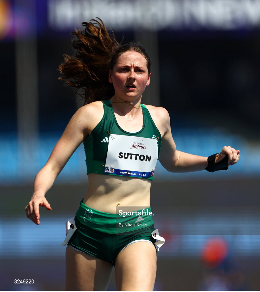 28 September 2025; Lana Sutton of team Ireland competes in the heats of the Women's 100m T38 during day three of the New Delhi 2025 World Para Athletics Championships at JLN Stadium in New Delhi, India. Photo by Nikola Krstic/Sportsfile