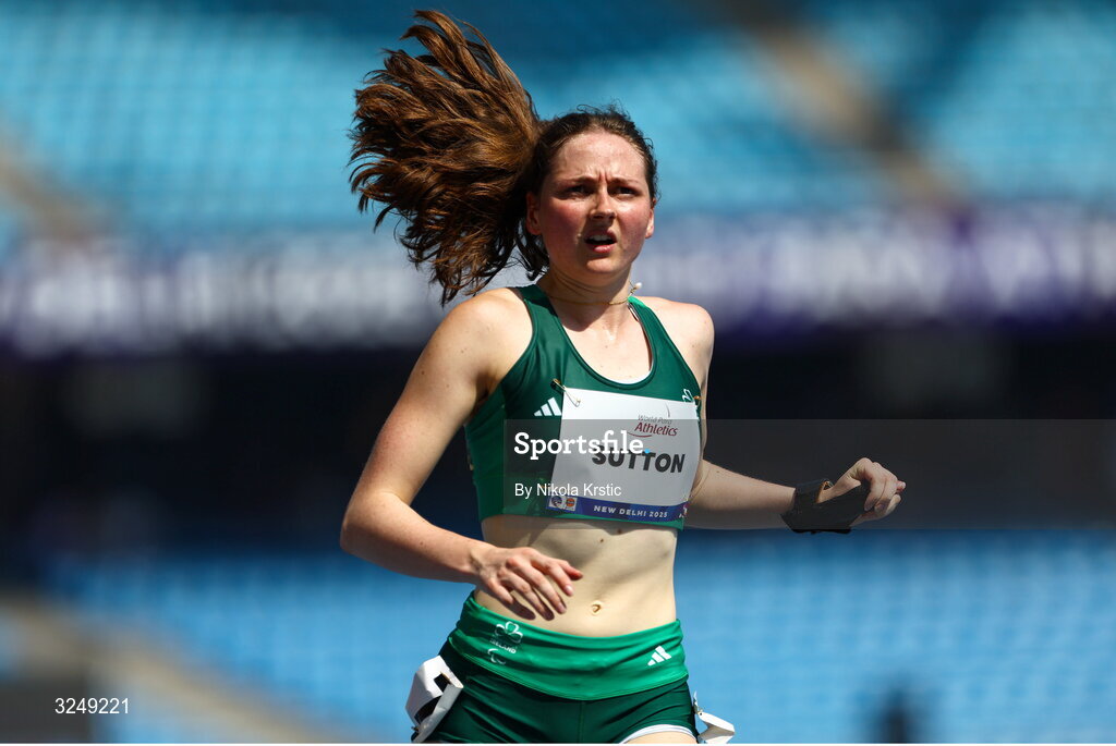 28 September 2025; Lana Sutton of team Ireland competes in the heats of the Women's 100m T38 during day three of the New Delhi 2025 World Para Athletics Championships at JLN Stadium in New Delhi, India. Photo by Nikola Krstic/Sportsfile