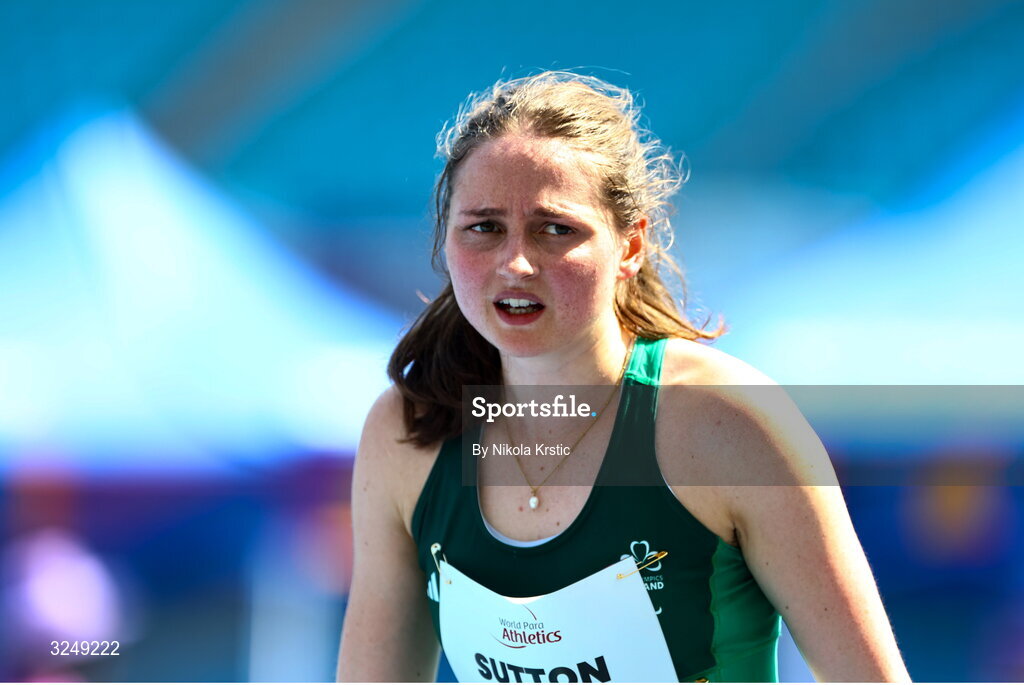 28 September 2025; Lana Sutton of team Ireland competes in the heats of the Women's 100m T38 during day three of the New Delhi 2025 World Para Athletics Championships at JLN Stadium in New Delhi, India. Photo by Nikola Krstic/Sportsfile