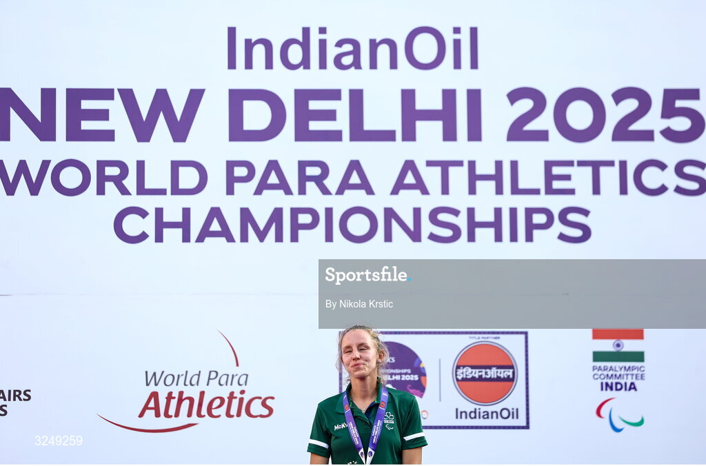 28 September 2025; Greta Streimikyte of team Ireland during the medal ceremony after winning Gold in the Women's 1500m T13 final during day three of the New Delhi 2025 World Para Athletics Championships at JLN Stadium in New Delhi, India. Photo by Nikola Krstic/Sportsfile