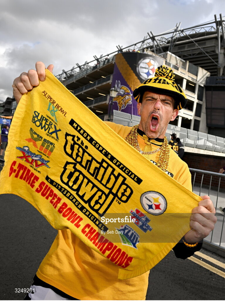 28 September 2025; Pittsburgh Steelers supporter Bryan Wassell before the 2025 NFL International Game between the Pittsburgh Steelers and the Minnesota Vikings at Croke Park in Dublin. Photo by Seb Daly/Sportsfile
