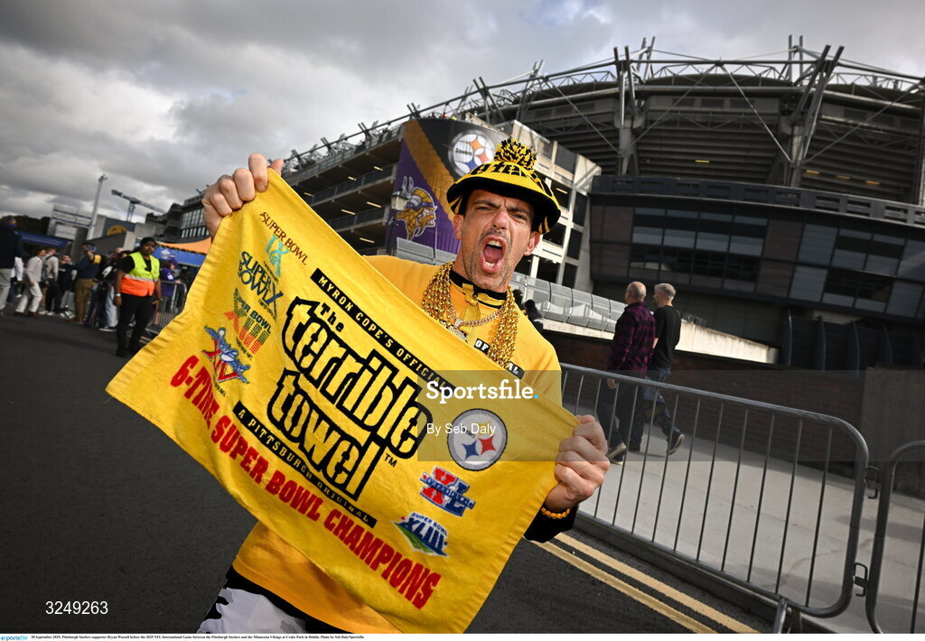 28 September 2025; Pittsburgh Steelers supporter Bryan Wassell before the 2025 NFL International Game between the Pittsburgh Steelers and the Minnesota Vikings at Croke Park in Dublin. Photo by Seb Daly/Sportsfile