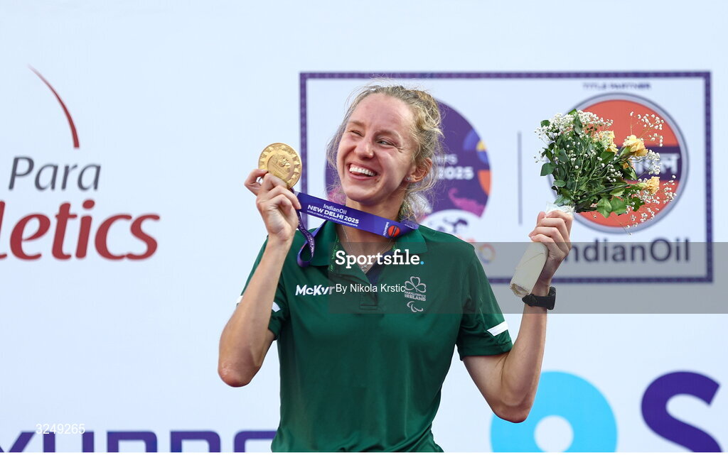 28 September 2025; Greta Streimikyte of team Ireland during the medal ceremony after winning Gold in the Women's 1500m T13 final during day three of the New Delhi 2025 World Para Athletics Championships at JLN Stadium in New Delhi, India. Photo by Nikola Krstic/Sportsfile
