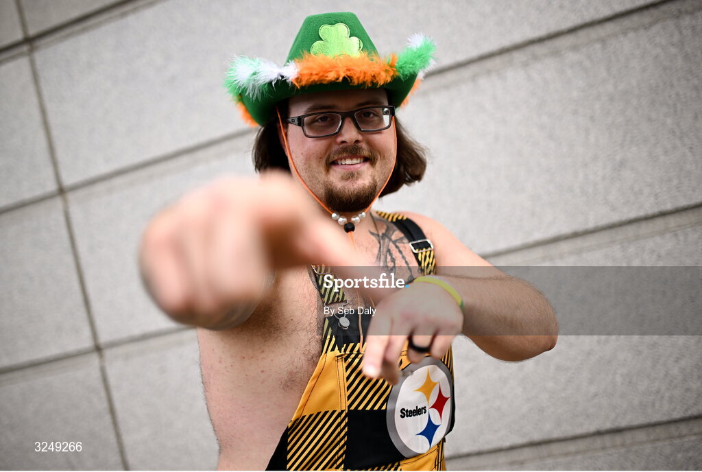 28 September 2025; Pittsburgh Steelers supporter Ross Lambert before the 2025 NFL International Game between the Pittsburgh Steelers and the Minnesota Vikings at Croke Park in Dublin. Photo by Seb Daly/Sportsfile