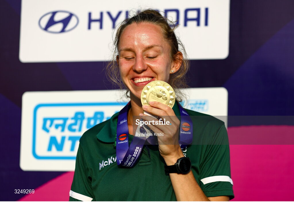 28 September 2025; Greta Streimikyte of team Ireland during the medal ceremony after winning Gold in the Women's 1500m T13 final during day three of the New Delhi 2025 World Para Athletics Championships at JLN Stadium in New Delhi, India. Photo by Nikola Krstic/Sportsfile