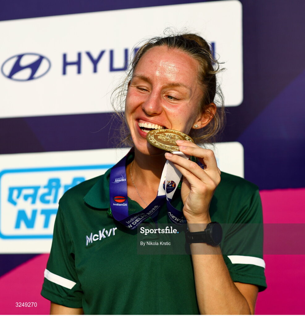 28 September 2025; Greta Streimikyte of team Ireland during the medal ceremony after winning Gold in the Women's 1500m T13 final during day three of the New Delhi 2025 World Para Athletics Championships at JLN Stadium in New Delhi, India. Photo by Nikola Krstic/Sportsfile
