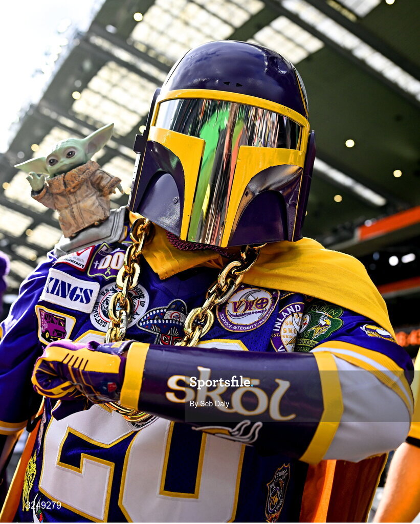 28 September 2025; Minnesota Vikings supporter during the 2025 NFL International Game between the Pittsburgh Steelers and the Minnesota Vikings at Croke Park in Dublin. Photo by Seb Daly/Sportsfile