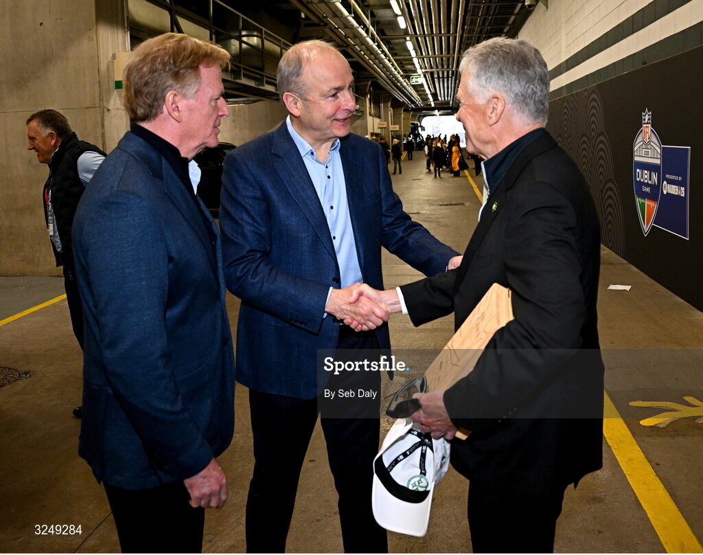 28 September 2025; An Taoiseach Michéal Martin TD meets Pittsburgh Steelers vice president Arthur J Rooney Jr, right, and NFL commissioner Roger Goodell before the 2025 NFL International Game between the Pittsburgh Steelers and the Minnesota Vikings at Croke Park in Dublin. Photo by Seb Daly/Sportsfile