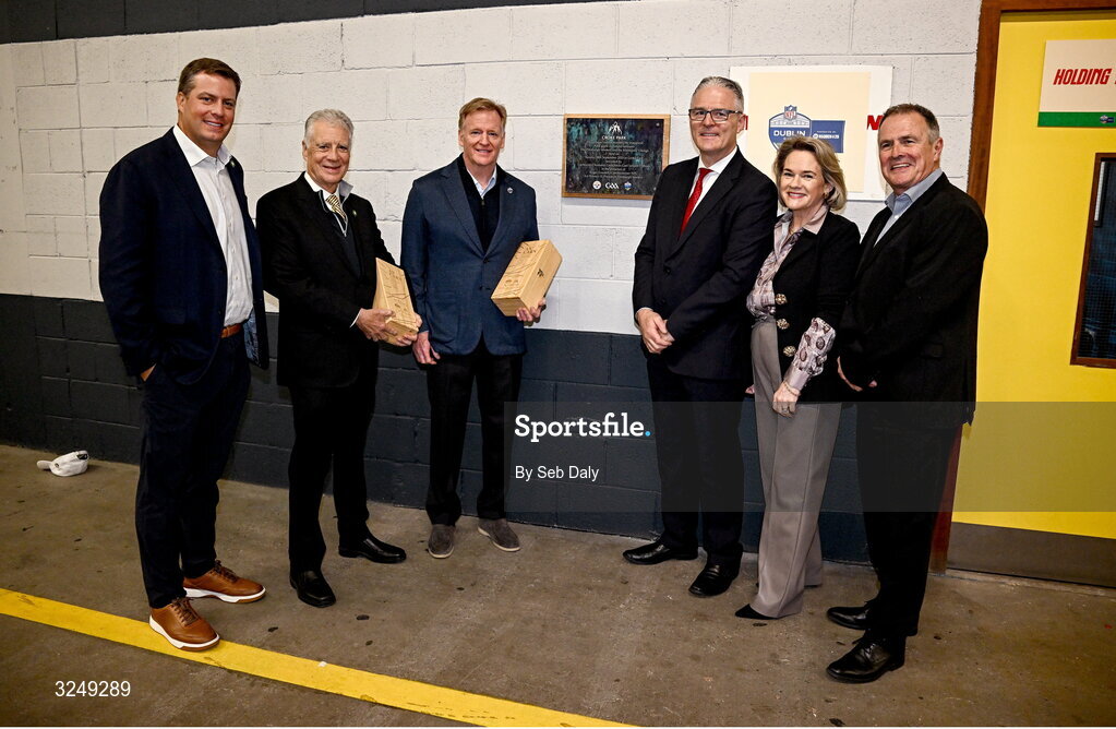 28 September 2025; Pittsburgh Steelers vice president of business development & strategy Dan Rooney, Pittsburgh Steelers vice president Arthur J Rooney Jr, NFL commissioner Roger Goodell, Uachtarán Chumann Lúthchleas Gael Jarlath Burns, Suzanne Burns, and Croke Park Stadium & Commercial Director Peter McKenna before the 2025 NFL International Game between the Pittsburgh Steelers and the Minnesota Vikings at Croke Park in Dublin. Photo by Seb Daly/Sportsfile