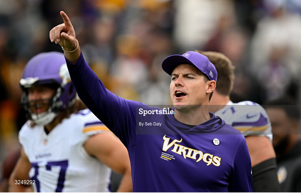 28 September 2025; Minnesota Vikings head coach Kevin O’Connell  before the 2025 NFL International Game between the Pittsburgh Steelers and the Minnesota Vikings at Croke Park in Dublin. Photo by Seb Daly/Sportsfile