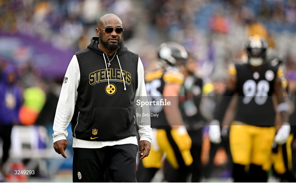28 September 2025; Pittsburgh Steelers head coach Mike Tomlin before the 2025 NFL International Game between the Pittsburgh Steelers and the Minnesota Vikings at Croke Park in Dublin. Photo by Seb Daly/Sportsfile