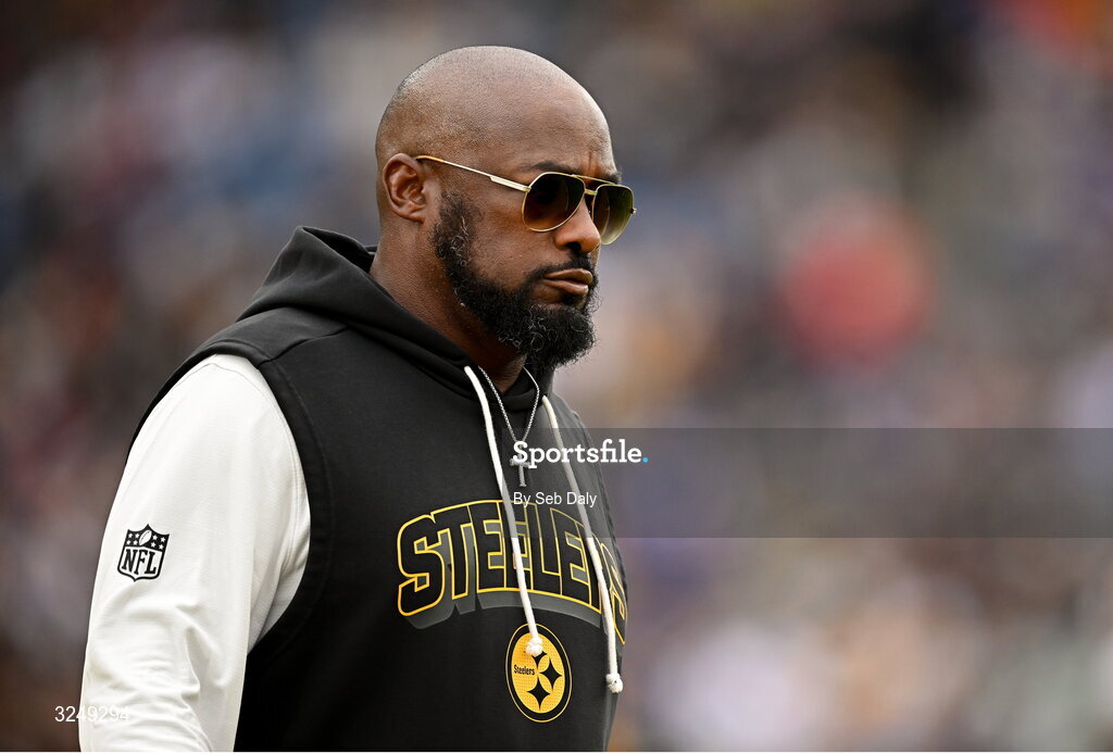 28 September 2025; Pittsburgh Steelers head coach Mike Tomlin before the 2025 NFL International Game between the Pittsburgh Steelers and the Minnesota Vikings at Croke Park in Dublin. Photo by Seb Daly/Sportsfile