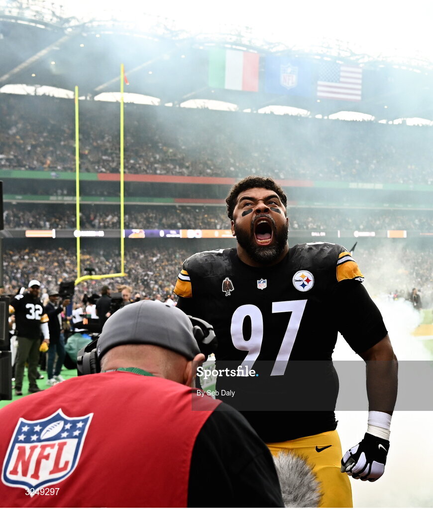 28 September 2025; Defensive tackle Cameron Heyward #97 of Pittsburgh Steelers before the 2025 NFL International Game between the Pittsburgh Steelers and the Minnesota Vikings at Croke Park in Dublin. Photo by Seb Daly/Sportsfile