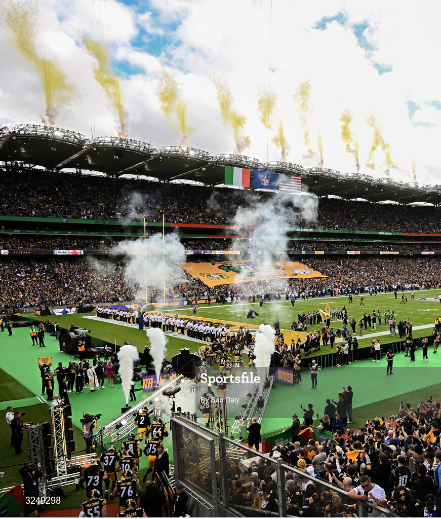 28 September 2025; Pittsburgh Steelers players run out before the 2025 NFL International Game between the Pittsburgh Steelers and the Minnesota Vikings at Croke Park in Dublin. Photo by Seb Daly/Sportsfile
