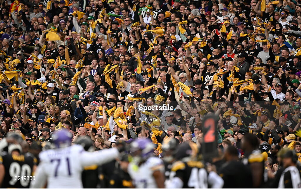 28 September 2025; Pittsburgh Steelers supporters during the 2025 NFL International Game between the Pittsburgh Steelers and the Minnesota Vikings at Croke Park in Dublin. Photo by Seb Daly/Sportsfile