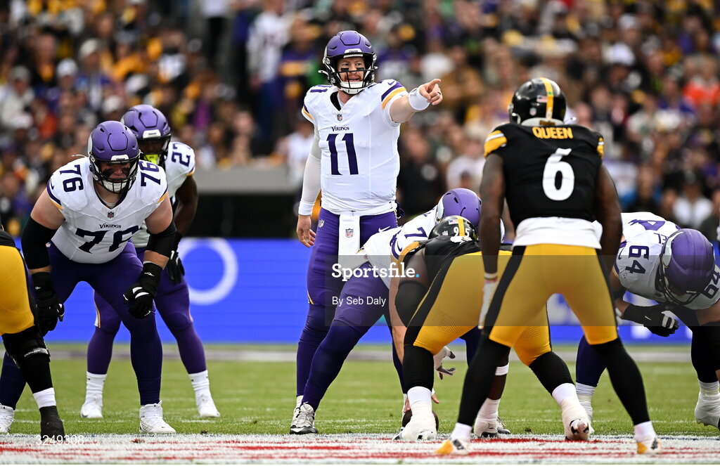 28 September 2025; Minnesota Vikings quarterback Carson Wentz #11 during the 2025 NFL International Game between the Pittsburgh Steelers and the Minnesota Vikings at Croke Park in Dublin. Photo by Seb Daly/Sportsfile