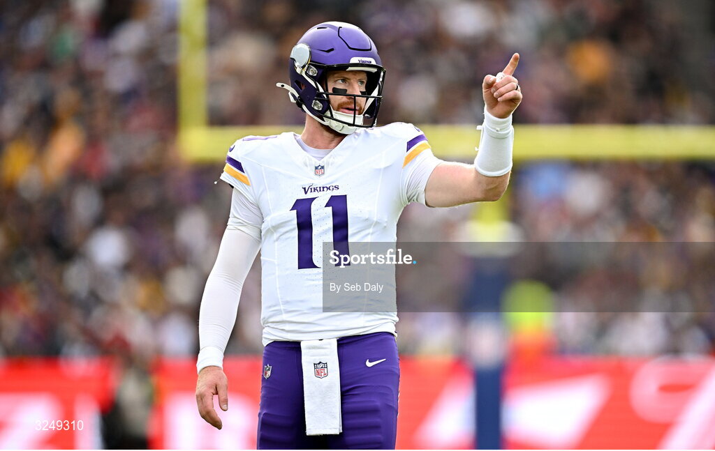 28 September 2025; Minnesota Vikings quarterback Carson Wentz #11 of Minnesota Vikings during the 2025 NFL International Game between the Pittsburgh Steelers and the Minnesota Vikings at Croke Park in Dublin. Photo by Seb Daly/Sportsfile