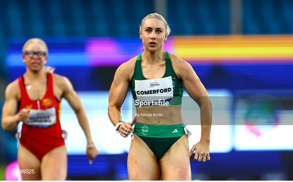 28 September 2025; Orla Comerford of team Ireland on her way to winning Gold in the Women's T13 100m final during day three of the New Delhi 2025 World Para Athletics Championships at JLN Stadium in New Delhi, India. Photo by Nikola Krstic/Sportsfile