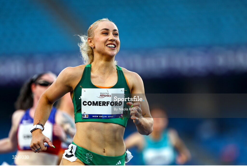 28 September 2025; Orla Comerford of team Ireland celebrates after winning Gold in the Women's T13 100m final during day three of the New Delhi 2025 World Para Athletics Championships at JLN Stadium in New Delhi, India. Photo by Nikola Krstic/Sportsfile