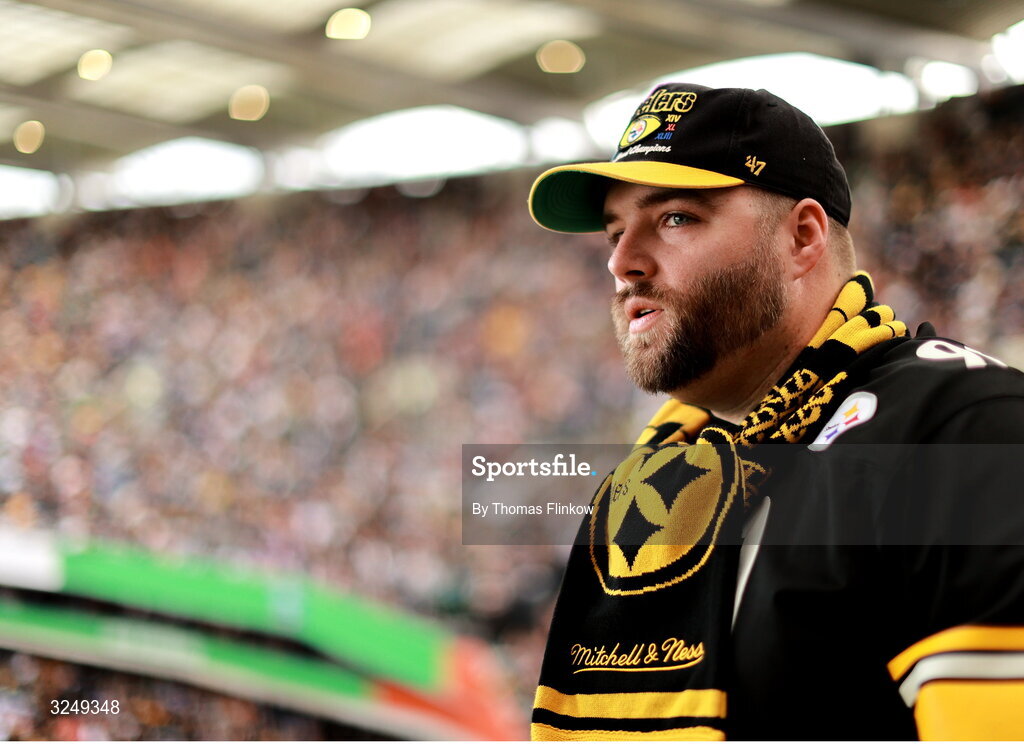 28 September 2025; A spectator watches on during the 2025 NFL International Game between the Pittsburgh Steelers and the Minnesota Vikings at Croke Park in Dublin. Photo by Thomas Flinkow/Sportsfile