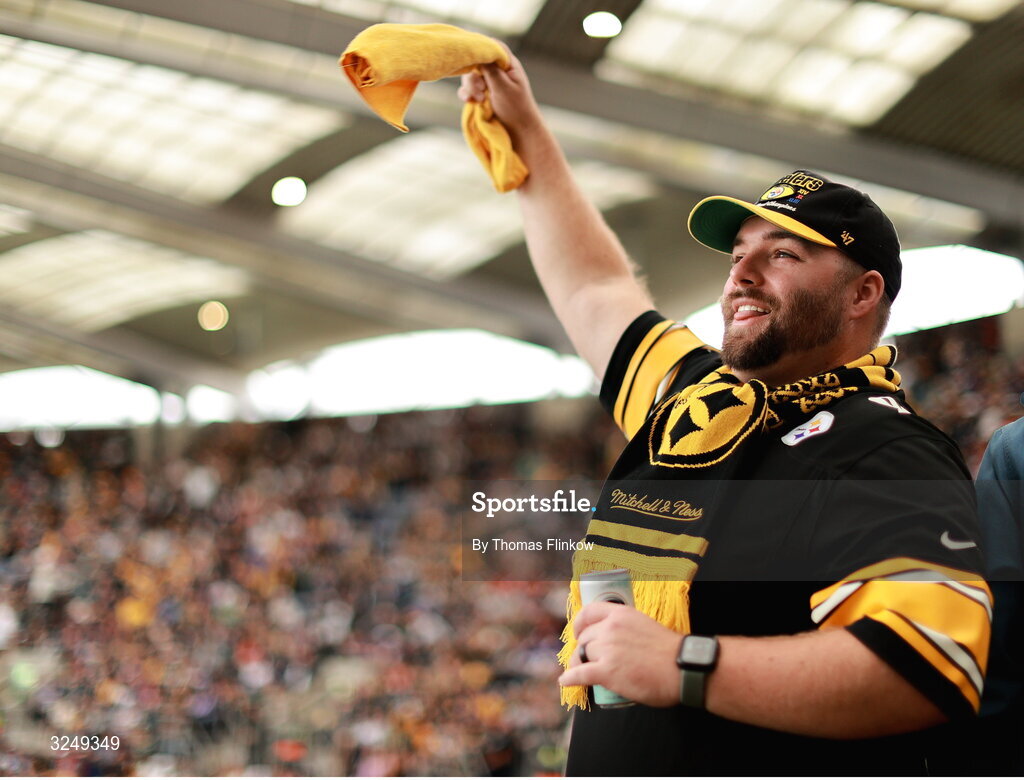 28 September 2025; A spectator during the 2025 NFL International Game between the Pittsburgh Steelers and the Minnesota Vikings at Croke Park in Dublin. Photo by Thomas Flinkow/Sportsfile