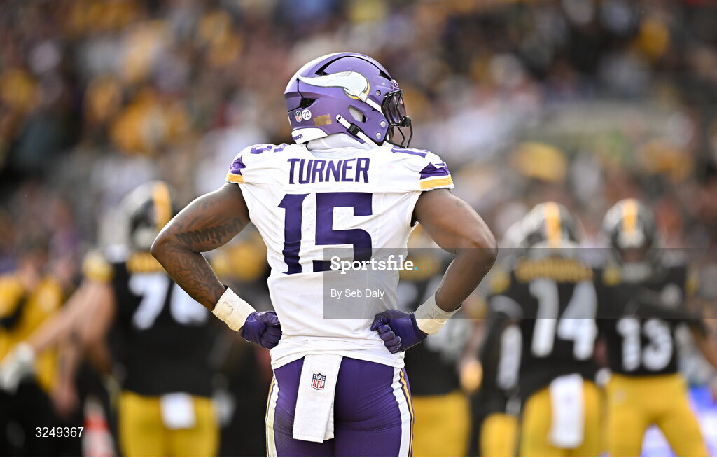 28 September 2025; Offensive linebacker Dallas Turner #15 of Minnesota Vikings after his side conceded a touchdown during the 2025 NFL International Game between the Pittsburgh Steelers and the Minnesota Vikings at Croke Park in Dublin. Photo by Seb Daly/Sportsfile