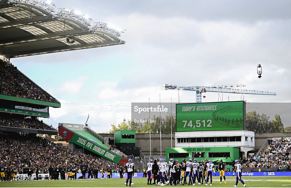 28 September 2025; A general view of the attendance of 74,512 during the 2025 NFL International Game between the Pittsburgh Steelers and the Minnesota Vikings at Croke Park in Dublin. Photo by Seb Daly/Sportsfile