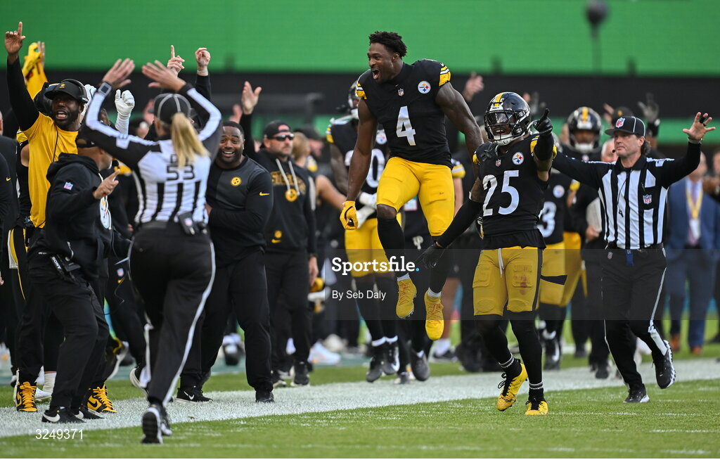 28 September 2025; Wide receiver DK Metcalf #4 of Pittsburgh Steelers celebrates his side making an interception during the 2025 NFL International Game between the Pittsburgh Steelers and the Minnesota Vikings at Croke Park in Dublin. Photo by Seb Daly/Sportsfile