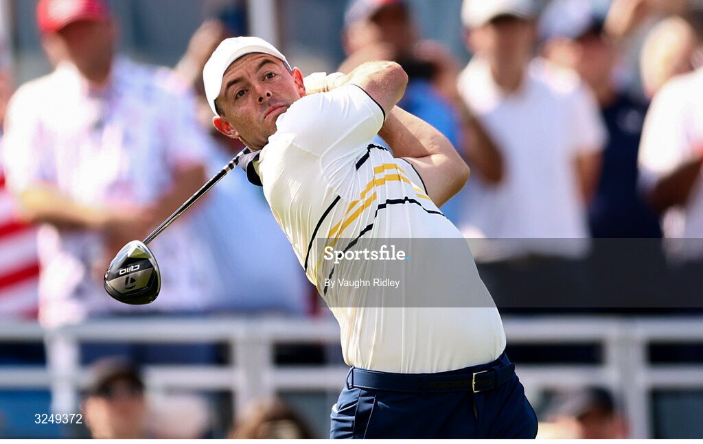 28 September 2025; Rory McIlroy of Europe watches his tee shot on the first hole during the singles matches on day three of the 2025 Ryder Cup at Black Course at Bethpage State Park Golf Course in Farmingdale, New York, USA. Photo by Vaughn Ridley/Sportsfile