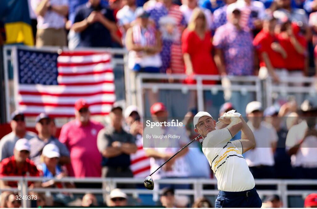 28 September 2025; Rory McIlroy of Europe watches his tee shot on the first hole during the singles matches on day three of the 2025 Ryder Cup at Black Course at Bethpage State Park Golf Course in Farmingdale, New York, USA. Photo by Vaughn Ridley/Sportsfile