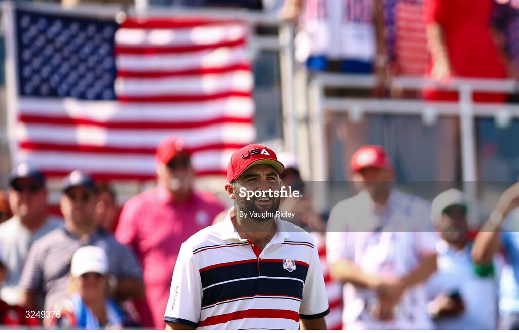 28 September 2025; Scottie Scheffler of USA on the 1st tee during the singles matches on day three of the 2025 Ryder Cup at Black Course at Bethpage State Park Golf Course in Farmingdale, New York, USA. Photo by Vaughn Ridley/Sportsfile