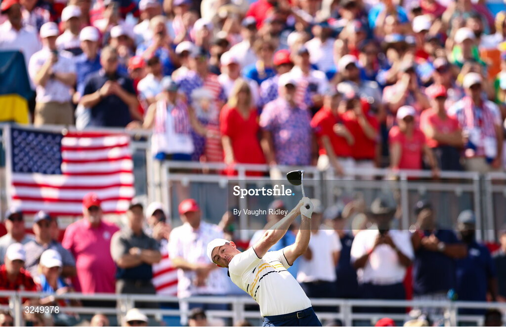 28 September 2025; Rory McIlroy of Europe watches his tee shot on the first hole during the singles matches on day three of the 2025 Ryder Cup at Black Course at Bethpage State Park Golf Course in Farmingdale, New York, USA. Photo by Vaughn Ridley/Sportsfile