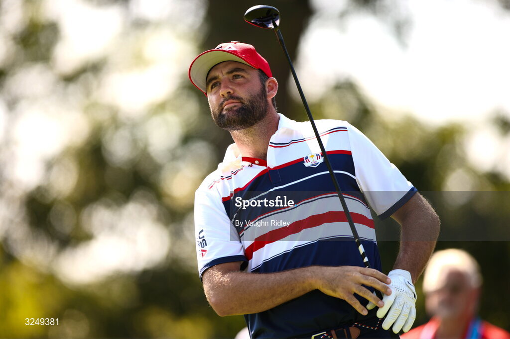 28 September 2025; Scottie Scheffler of USA watches his tee shot on the second hole during the singles matches on day three of the 2025 Ryder Cup at Black Course at Bethpage State Park Golf Course in Farmingdale, New York, USA. Photo by Vaughn Ridley/Sportsfile