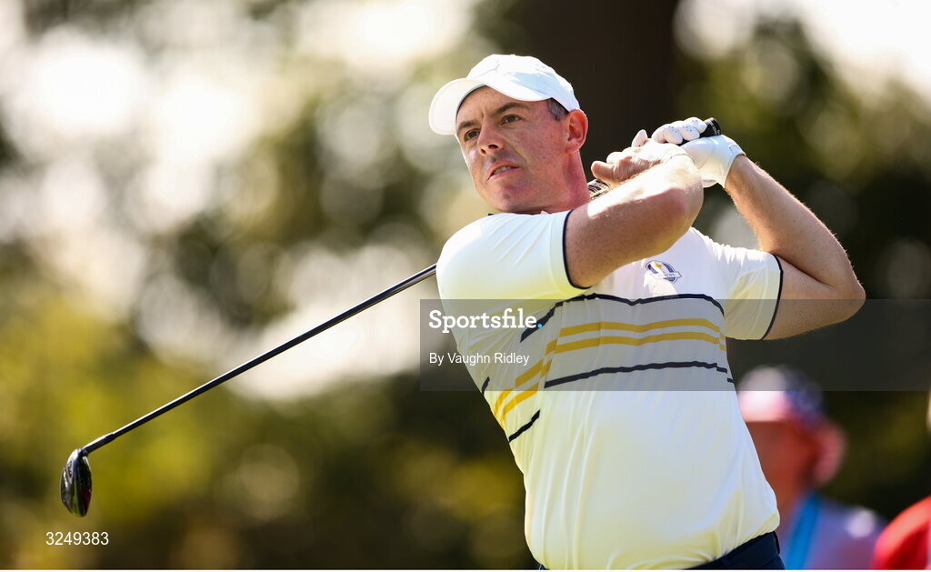 28 September 2025; Rory McIlroy of Europe watches his tee shot on the second hole during the singles matches on day three of the 2025 Ryder Cup at Black Course at Bethpage State Park Golf Course in Farmingdale, New York, USA. Photo by Vaughn Ridley/Sportsfile