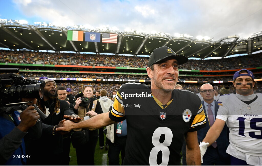 28 September 2025; Quarterback Aaron Rodgers #8 of Pittsburgh Steelers after the 2025 NFL International Game between the Pittsburgh Steelers and the Minnesota Vikings at Croke Park in Dublin. Photo by Seb Daly/Sportsfile