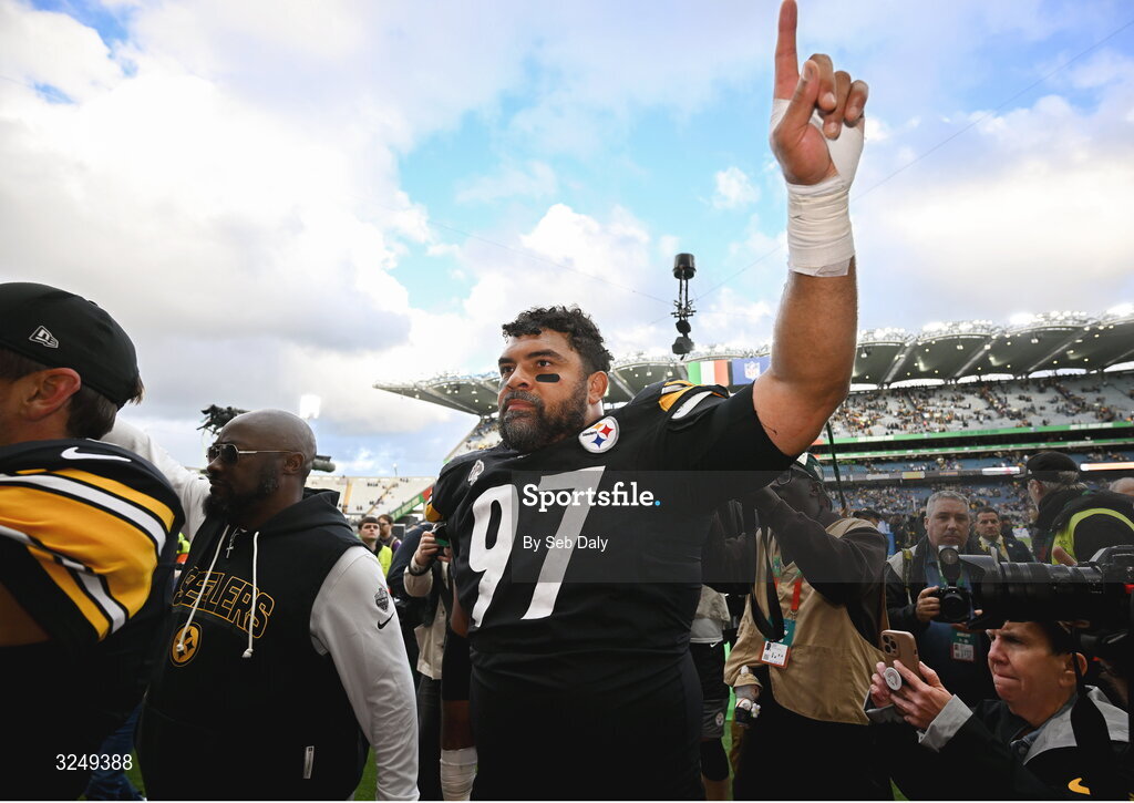 28 September 2025; Defensive tackle Cameron Heyward #97 of Pittsburgh Steelers after the 2025 NFL International Game between the Pittsburgh Steelers and the Minnesota Vikings at Croke Park in Dublin. Photo by Seb Daly/Sportsfile