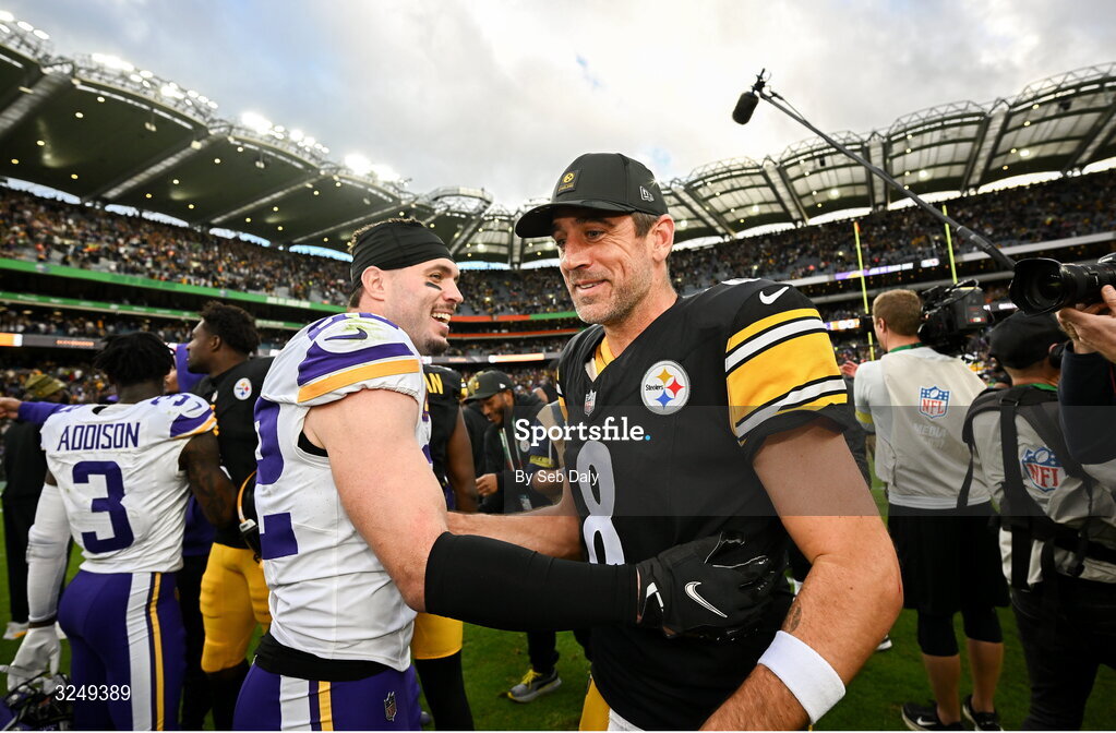 28 September 2025; Quarterback Aaron Rodgers #8 of Pittsburgh Steelers and Safety Harrison Smith #22 of Minnesota Vikings after the 2025 NFL International Game between the Pittsburgh Steelers and the Minnesota Vikings at Croke Park in Dublin. Photo by Seb Daly/Sportsfile