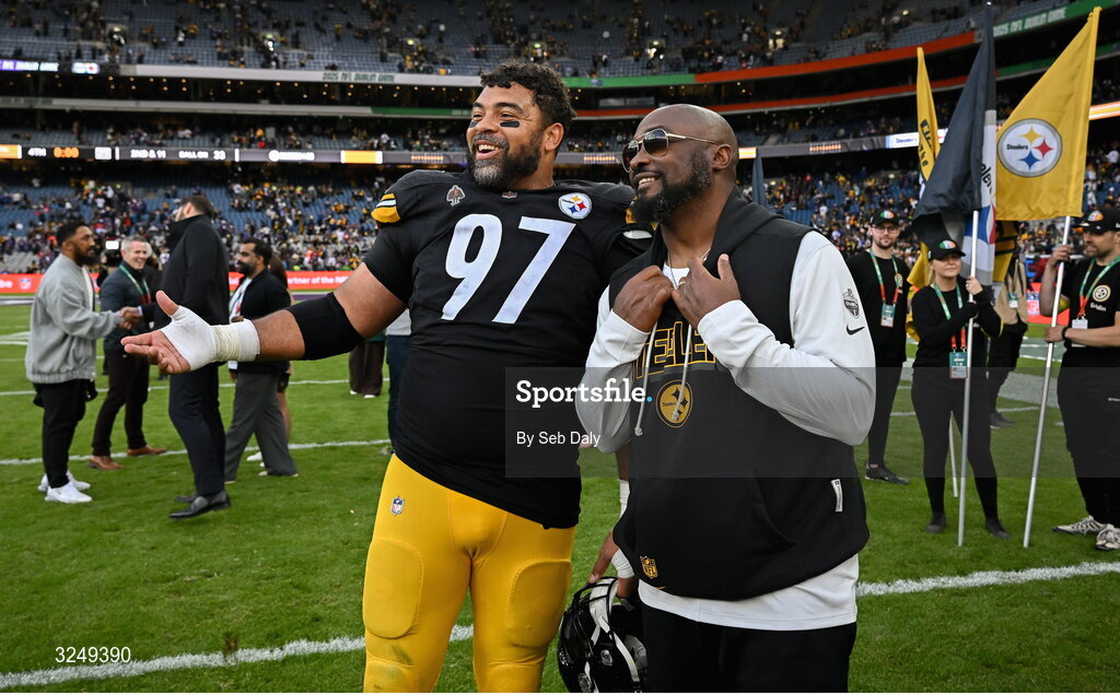 28 September 2025; Pittsburgh Steelers head coach Mike Tomlin and Defensive tackle Cameron Heyward #97 of Pittsburgh Steelers after the 2025 NFL International Game between the Pittsburgh Steelers and the Minnesota Vikings at Croke Park in Dublin. Photo by Seb Daly/Sportsfile